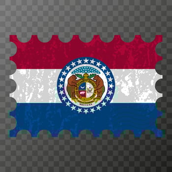 Postage stamp with Missouri state grunge flag. Vector illustration.