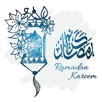 hand drawn style ramadan kareem sketch with lantern, flowers and arabic calligraphy. islamic vector illustration