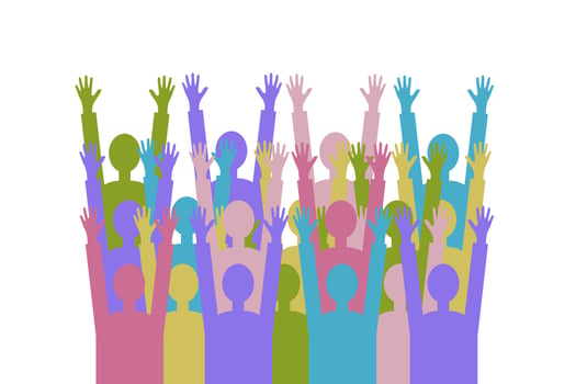 People, team, crowd.A group of people of different colors with raised hands as a symbol of joy, unity, protest, strength, victory, success.Isolated background vector