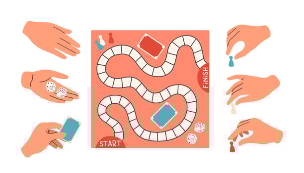 Group of people playing together with a board game. Vector illustration