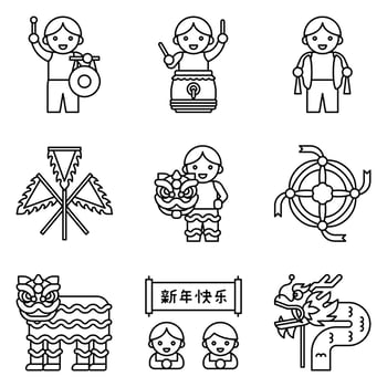 Lion dance related vector icon set