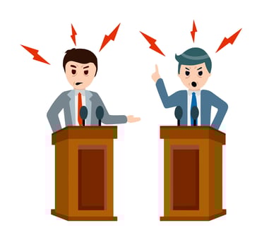 Political debate and dispute between two presidential candidates. Tribune and stand. Dialogue and elections. Podium for speech. Rostrum and man in suit. vector