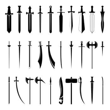 Swords Set. Collection of Knight Sword Ancient Weapon silhouettes Design vector