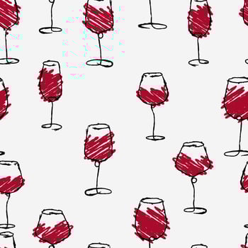 Watercolor hand drawn sketch of wine glasses seamless background. Grunge brush wine glass pattern on white. For bar or restaurant menu, wine tasting invitation or party. Red paint splash. Vector. vector