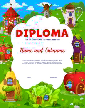 Kids diploma with cartoon fairytale dwellings vector
