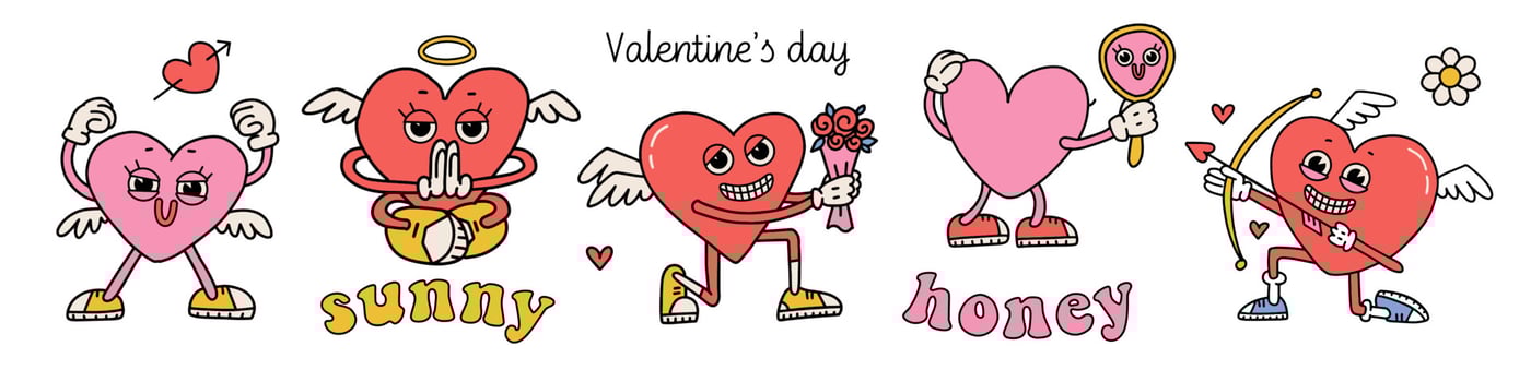 Groovy hippie love mascots set. Vintage happy Valentines day. Comic happy heart characters in trendy retro 80s 70s cartoon style. Retro cartoon characters and elements. Vector hand drawn illustration.