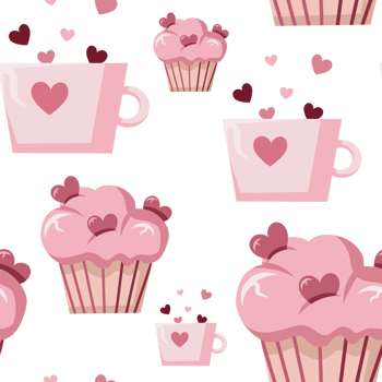 Seamless Valentine's Day pattern with hearts, mug with hearts and pink cream cupcake png