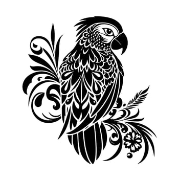 Ornate cockatoo parrot sitting on a branch. Tribal design for logo, emblem, tattoo, embroidery, laser cutting, sublimation. vector