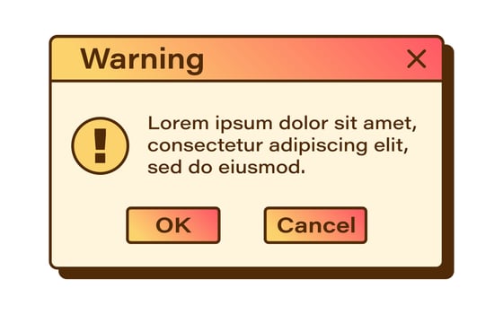 Vector retro vaporwave modal window. Y2k warning dialog windows. Nostalgic UI. Gradient retro computer interface. Warning message.