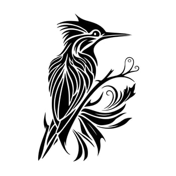 Ornamental kingfisher bird on a tree branch. Decorative illustration for logo, emblem, embroidery, wood burning, crafting. vector