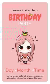 Happy birthday vertical invitation card with cartoon kawaii anime girl. Vector illustration for celebrating date birth. Web or print design.
