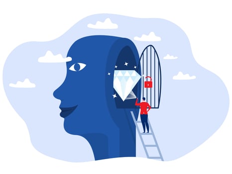 businessman shine a flashlight into the distance Self discovery succeed finding valuable diamond inside his head finding yourself searching for self value vector illustrator