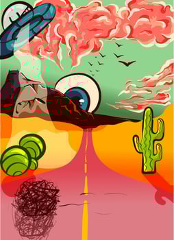 Trippy and psychedelic vector landscape with a desert road and mountains. Extraterrestrial fictional sunset with cactuses and bushes.