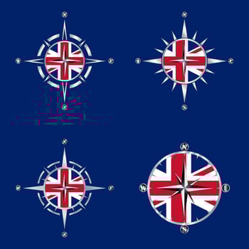 Set of compass roses, wind roses on the background of the British flag. Vector illustration.