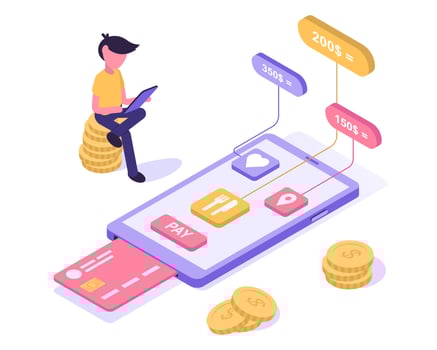 Mobile banking. A man analyzes his budget in the bank's mobile app vector