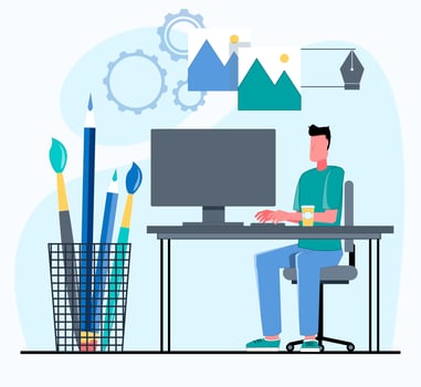 The designer works at the computer in the design studio vector