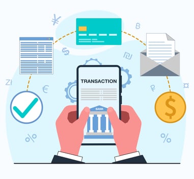 hands in a business suit hold a smartphone with a mobile bank application transactions and payments are carried out around coins money documents letters card currency vector flat illustration