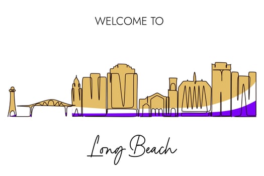 Long Beach skyline single continuous line drawing. flat color Long Beach city design isolated on white background. vector