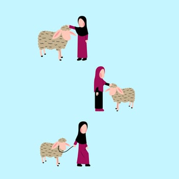 Hijab Kid With Sheep Animal Qurban vector