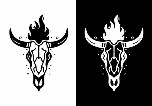 Black and white tattoo design of bull skull with fire flame vector