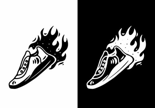 Black and white tattoo design of shoes and fire flame vector