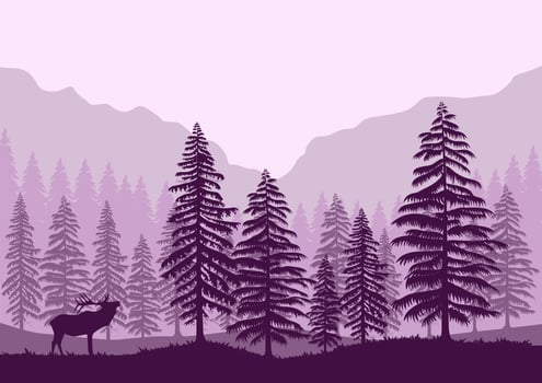 forest landscape and deer vector illustration with a purple silhouette