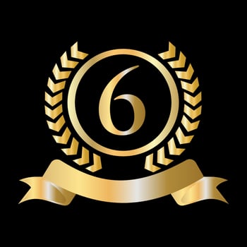 6th Anniversary Celebration Gold and Black Template. Luxury Style Gold Heraldic Crest Logo Element Vintage Laurel Vector