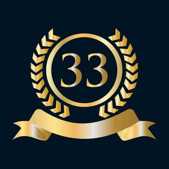 33 Anniversary Celebration Gold and Black Template. Luxury Style Gold Heraldic Crest Logo Element Vintage Laurel Vector