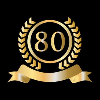 80th Anniversary Celebration Gold and Black Template. Luxury Style Gold Heraldic Crest Logo Element Vintage Laurel Vector