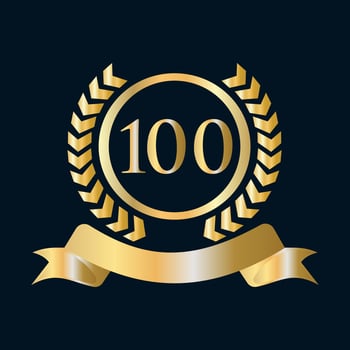 100th Anniversary Celebration Gold and Black Template. Luxury Style Gold Heraldic Crest Logo Element Vintage Laurel Vector