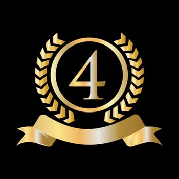4th Anniversary Celebration Gold and Black Template. Luxury Style Gold Heraldic Crest Logo Element Vintage Laurel Vector