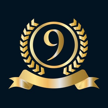 9th Anniversary Celebration Gold and Black Template. Luxury Style Gold Heraldic Crest Logo Element Vintage Laurel Vector