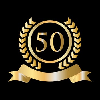 50th Anniversary Celebration Gold and Black Template. Luxury Style Gold Heraldic Crest Logo Element Vintage Laurel Vector