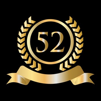 52 Anniversary Celebration Gold and Black Template. Luxury Style Gold Heraldic Crest Logo Element Vintage Laurel Vector