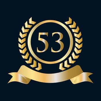 53 Anniversary Celebration Gold and Black Template. Luxury Style Gold Heraldic Crest Logo Element Vintage Laurel Vector