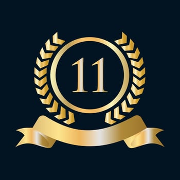 11th Anniversary Celebration Gold and Black Template. Luxury Style Gold Heraldic Crest Logo Element Vintage Laurel Vector