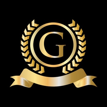 Seal, Gold Laurel Wreath and Ribbon on Letter G Concept. Luxury Gold Heraldic Crest Logo Element Vintage Laurel Vector