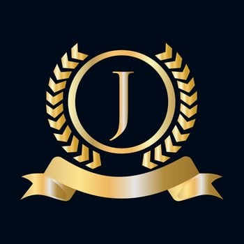 Seal, Gold Laurel Wreath and Ribbon on Letter J Concept. Luxury Gold Heraldic Crest Logo Element Vintage Laurel Vector
