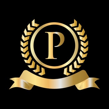 Seal, Gold Laurel Wreath and Ribbon on Letter P Concept. Luxury Gold Heraldic Crest Logo Element Vintage Laurel Vector