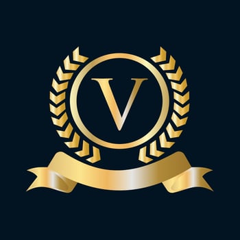 Seal, Gold Laurel Wreath and Ribbon on Letter V Concept. Luxury Gold Heraldic Crest Logo Element Vintage Laurel Vector
