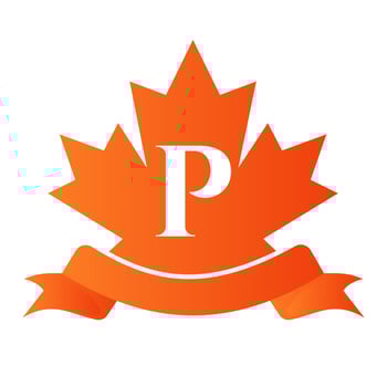 Canadian Red Maple On Letter P Seal and Ribbon. Luxury Heraldic Crest Logo Element Vintage Laurel Vector
