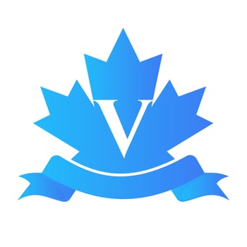 Canadian Red Maple On Letter V Seal and Ribbon. Luxury Heraldic Crest Logo Element Vintage Laurel Vector