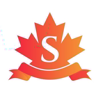 Canadian Red Maple On Letter S Seal and Ribbon. Luxury Heraldic Crest Logo Element Vintage Laurel Vector