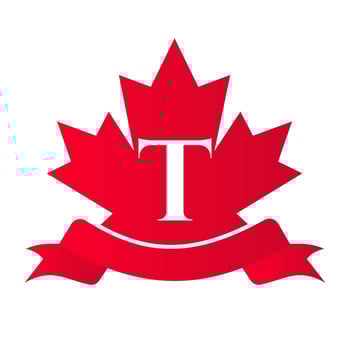 Canadian Red Maple On Letter T Seal and Ribbon. Luxury Heraldic Crest Logo Element Vintage Laurel Vector