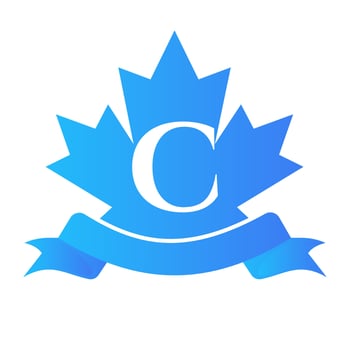 Canadian Red Maple On Letter C Seal and Ribbon. Luxury Heraldic Crest Logo Element Vintage Laurel Vector