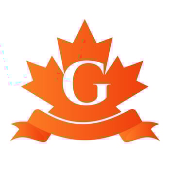 Canadian Red Maple On Letter G Seal and Ribbon. Luxury Heraldic Crest Logo Element Vintage Laurel Vector