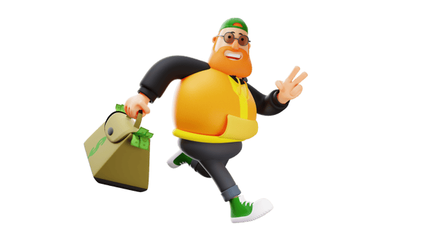 3D Illustration. Stylish Fat Man 3D Cartoon Character. The fat man who ran while carrying a bag full of money. A rich man smiled and showed a sign of peace. 3D Cartoon Character png