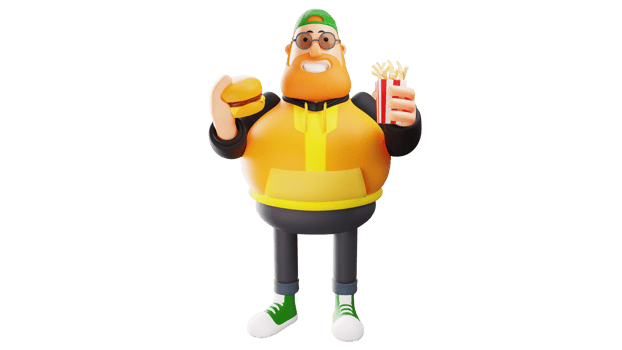 3D Illustration. Hungry Fat Man 3D Cartoon Character. A happy fat man is holding a burger and french fries. The fat man smiled and was ready to eat. 3D Cartoon Character png