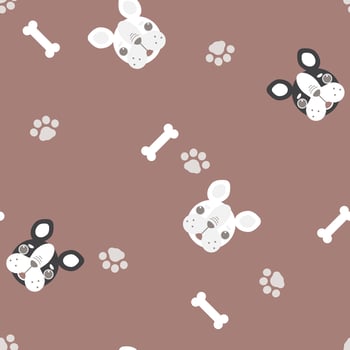 seamless cute animal pet french bulldog repeat pattern with bone, foot print in brown background, flat vector illustration cartoon character design