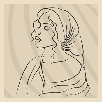 African woman portrait line drawing beige poster. Minimalistic modern woman gatherer line art. Vector illustration